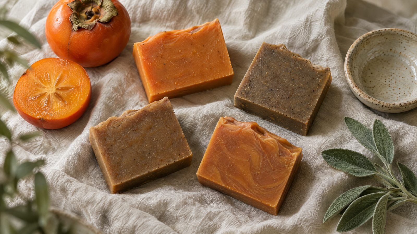 Handmade persimmon soap bars on cream linen beside ripe Japanese persimmons and sage