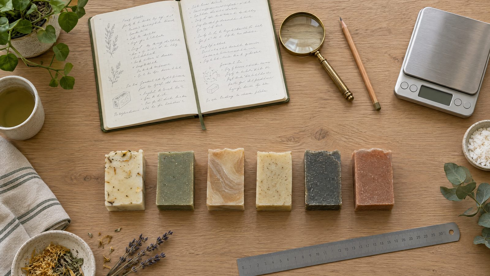 Research desk with a notebook, magnifying glass and a row of unlabeled soap bars
