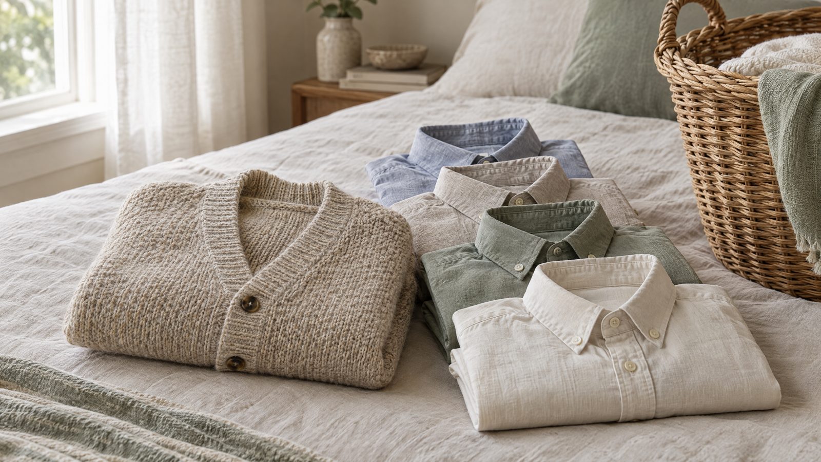 Folded cardigan and shirts with collars on a linen bed beside a laundry basket