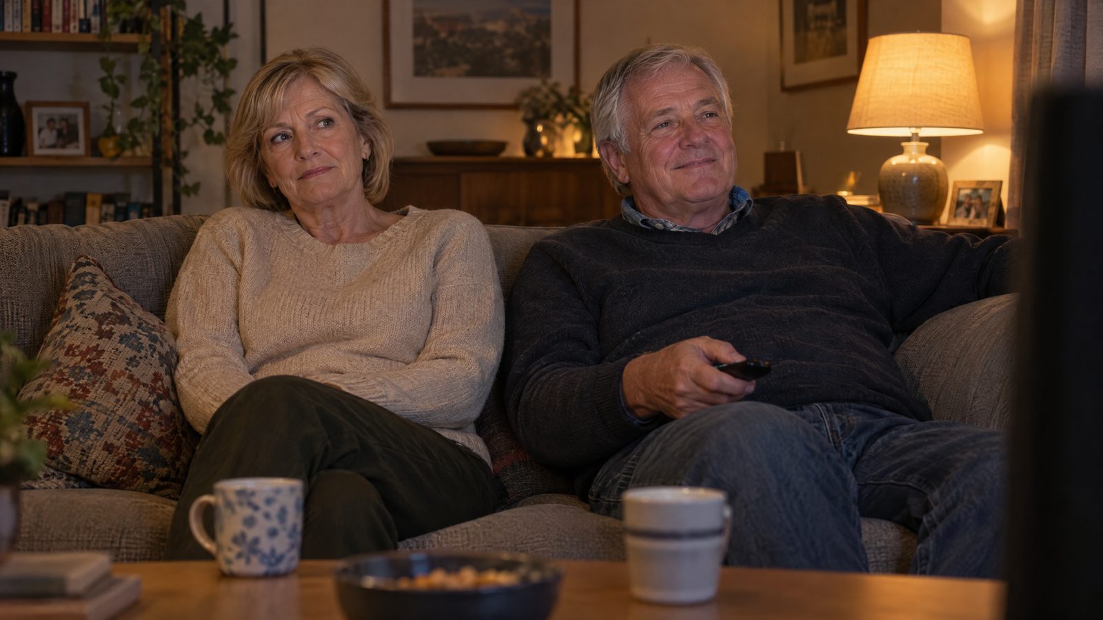 A couple in their sixties on a sofa in the evening, the woman looking thoughtful