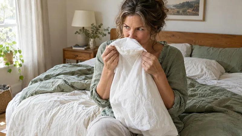 A woman in her late forties sitting on her bed in the morning, smelling a pillowcase