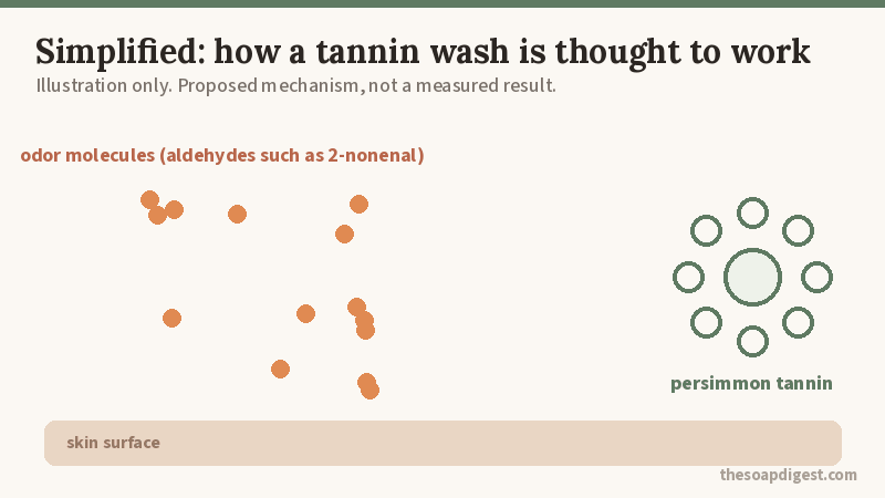 Simplified animated illustration of tannin molecules binding odor molecules and rinsing away