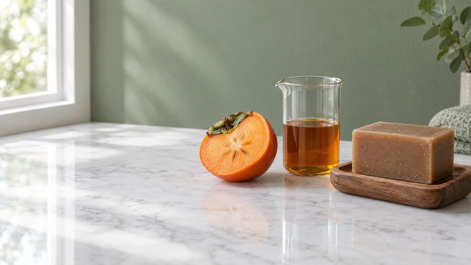 A halved persimmon beside a glass beaker of amber liquid and an unlabeled soap bar on a marble counter