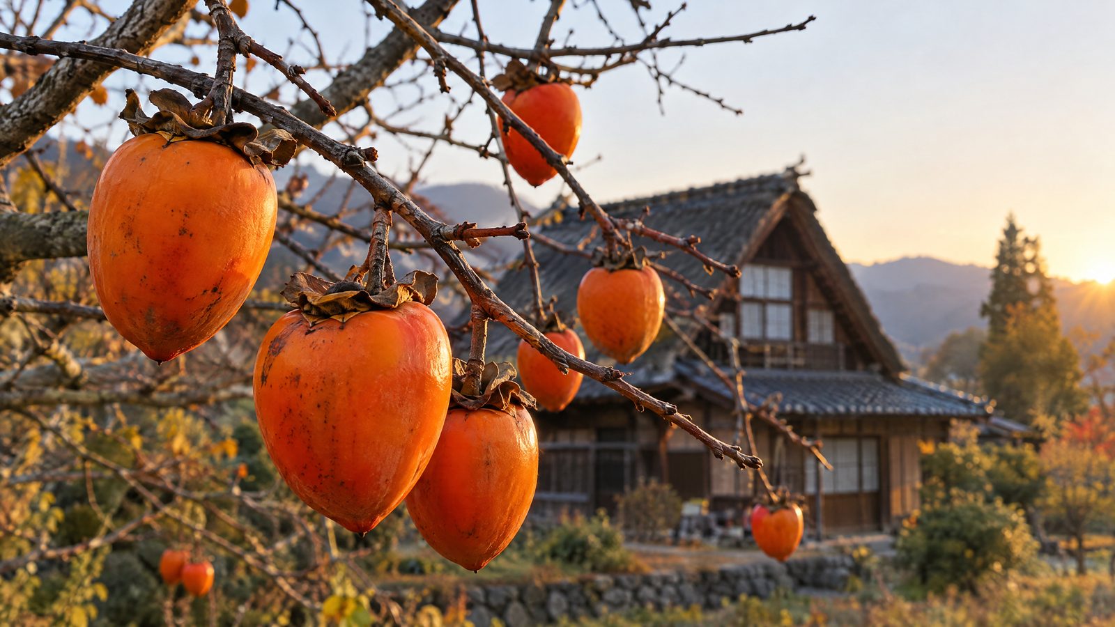Astringent Hachiya persimmons hanging on a branch in autumn in rural Japan