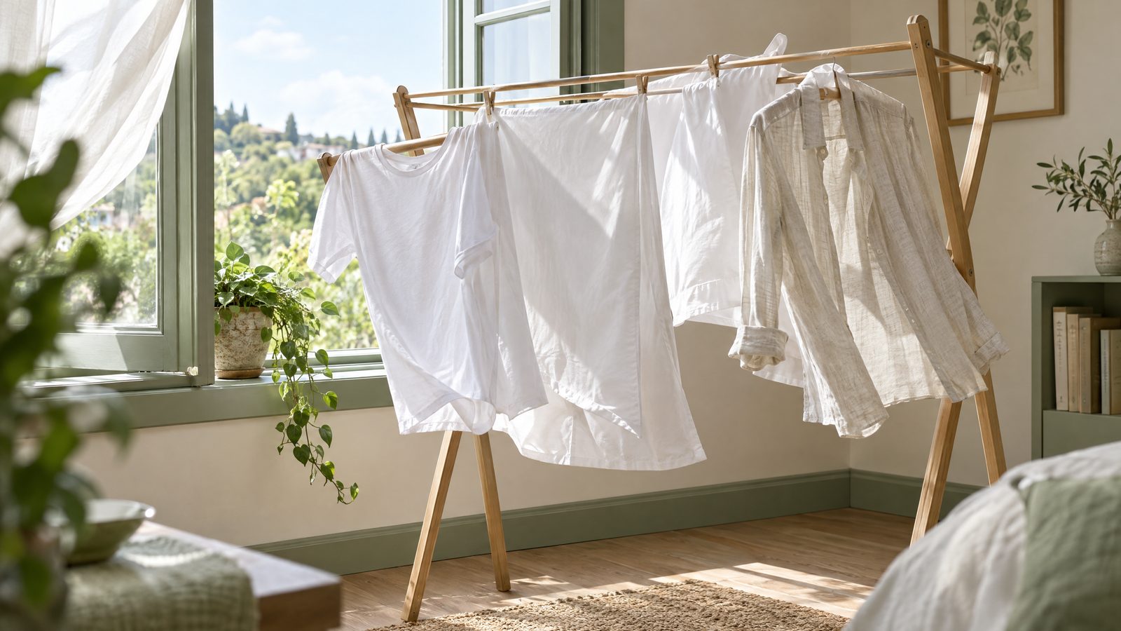 White cotton shirts and pillowcases hanging to air-dry on a wooden drying rack in front of an open window