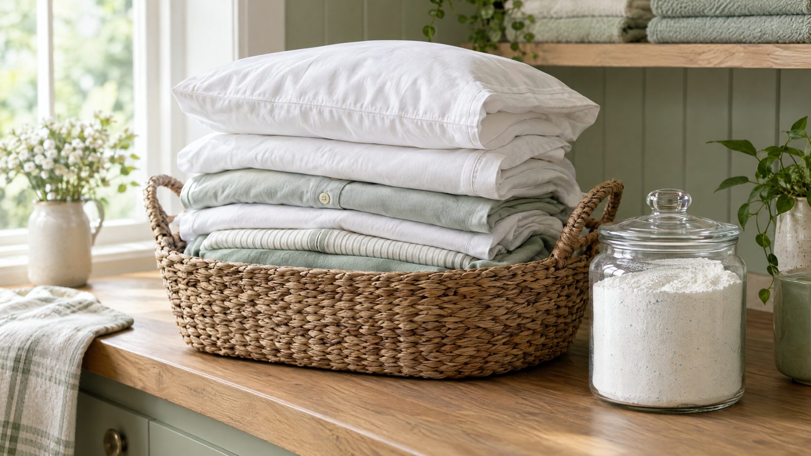Folded white cotton pillowcases and pale shirts in a woven basket on a wooden laundry counter beside a jar of unlabeled powder detergent