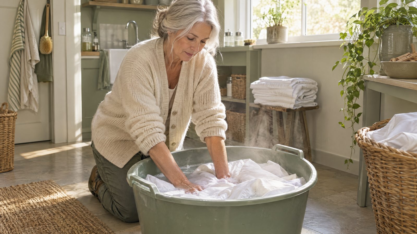 A woman in her sixties pressing white shirts and pillowcases into a tub of warm soapy water to soak in a bright utility room
