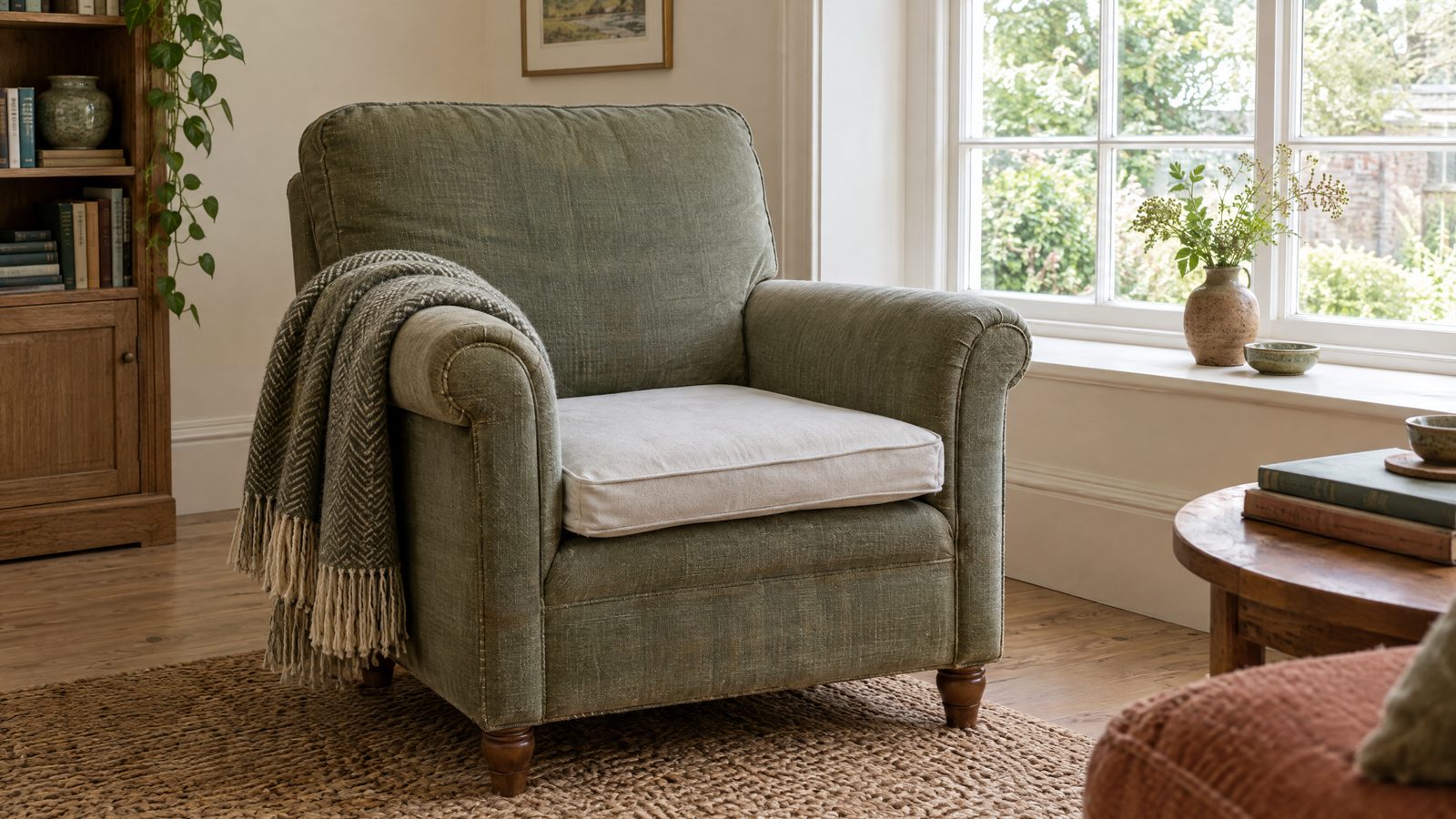 A well-used upholstered armchair beside a window with a folded throw and a washable seat pad