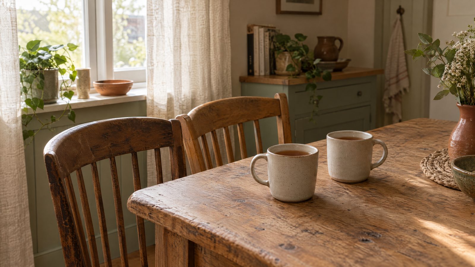 Two mugs of tea on a worn wooden kitchen table with two chairs pulled close together in soft morning light
