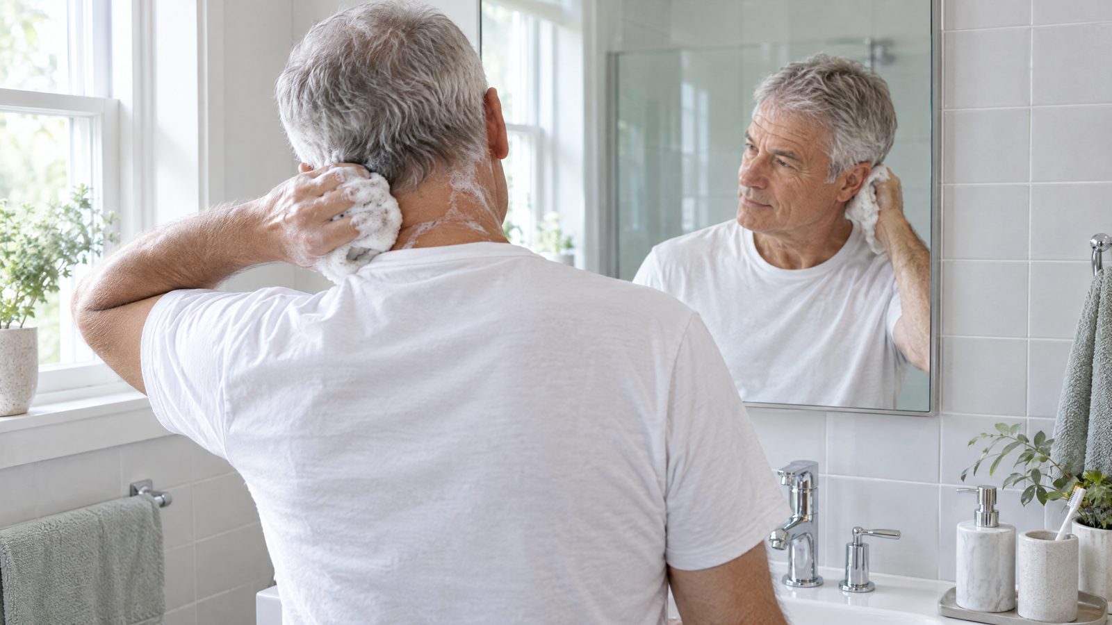 A grey-haired man at a bathroom sink washing the back of his neck with a soapy washcloth