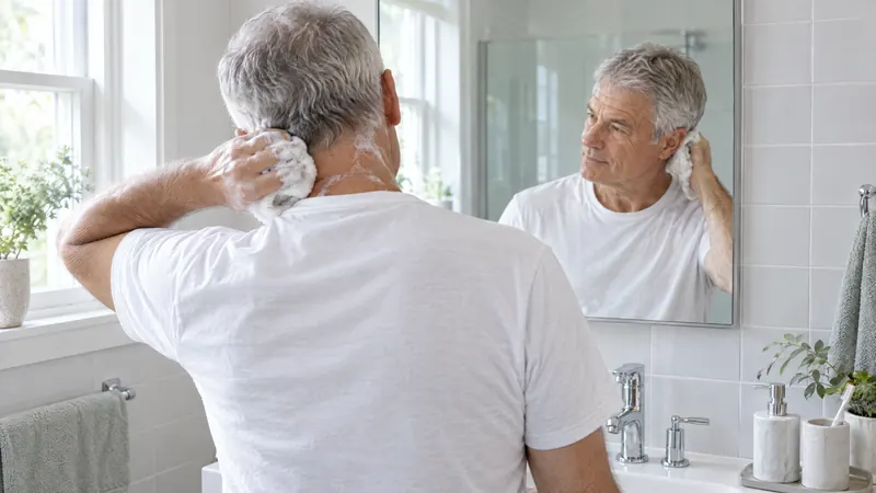 A grey-haired man at a bathroom sink washing the back of his neck with a soapy washcloth