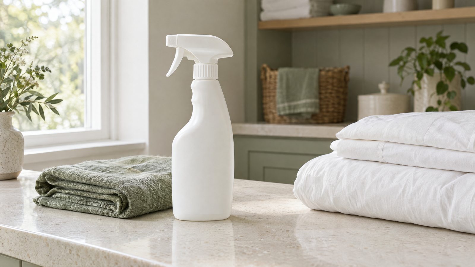 Plain unlabelled white spray bottle on a cream countertop in a utility room beside a folded sage linen towel and a stack of white folded bedding