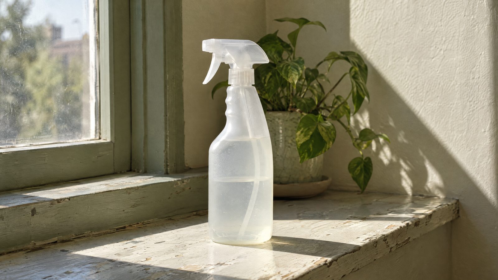 Plain unlabelled translucent spray bottle standing on a worn wooden windowsill in harsh direct sunlight with a hard shadow across the sill