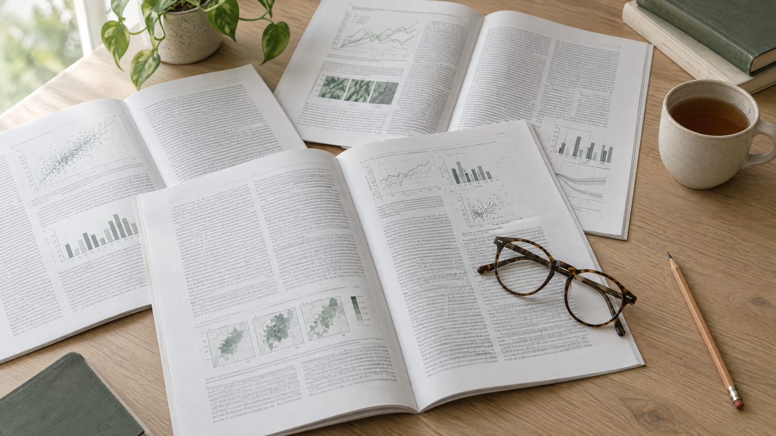 Open printed journal articles fanned across a pale desk beside reading glasses and a cup of tea in soft daylight