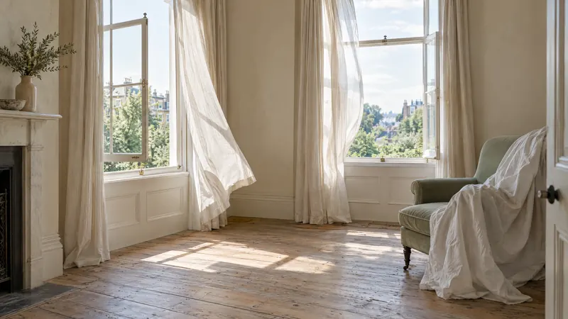Sunlit empty living room with sash windows open, pale linen curtains lifting, bare floorboards and a folded dust sheet on a sage armchair