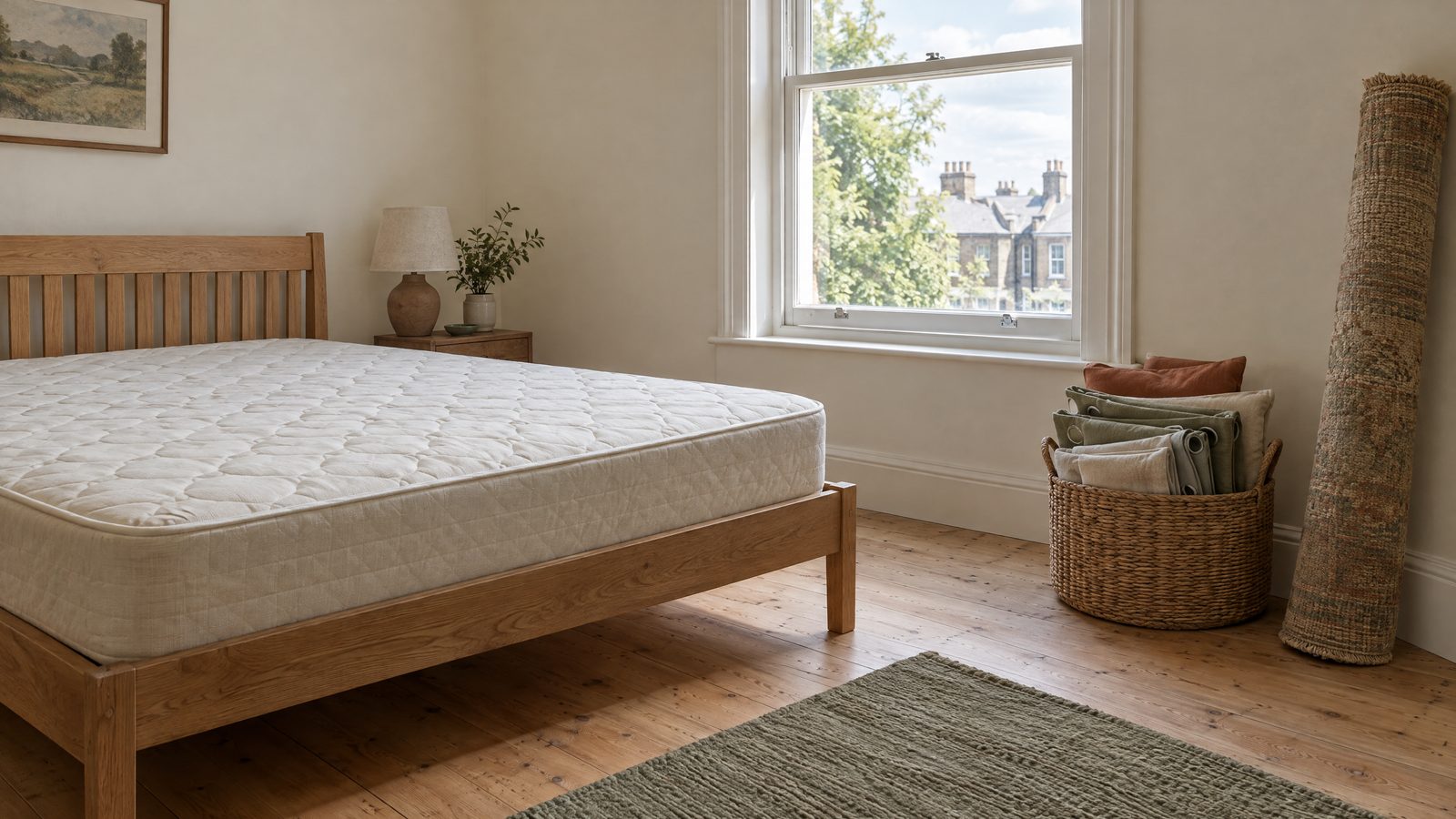 Stripped bedroom mid-clean: a bare quilted mattress on a wooden bed frame, folded curtains and cushion covers stacked in a woven basket, and a rolled-up rug leaning against a cream wall