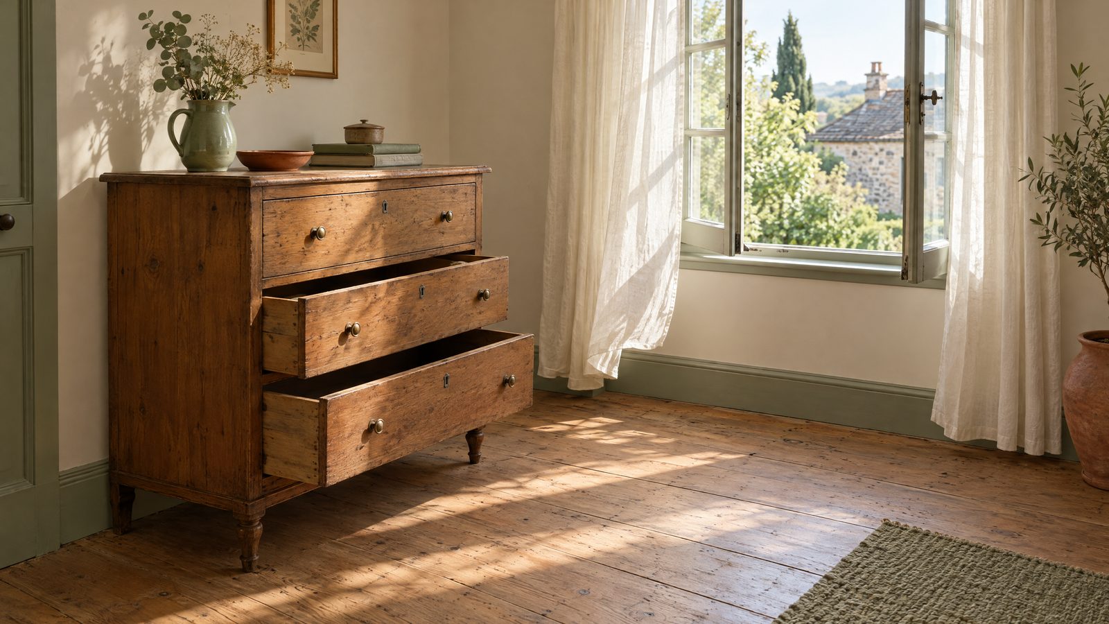 Old wooden chest of drawers with two drawers pulled open and airing beside an open window