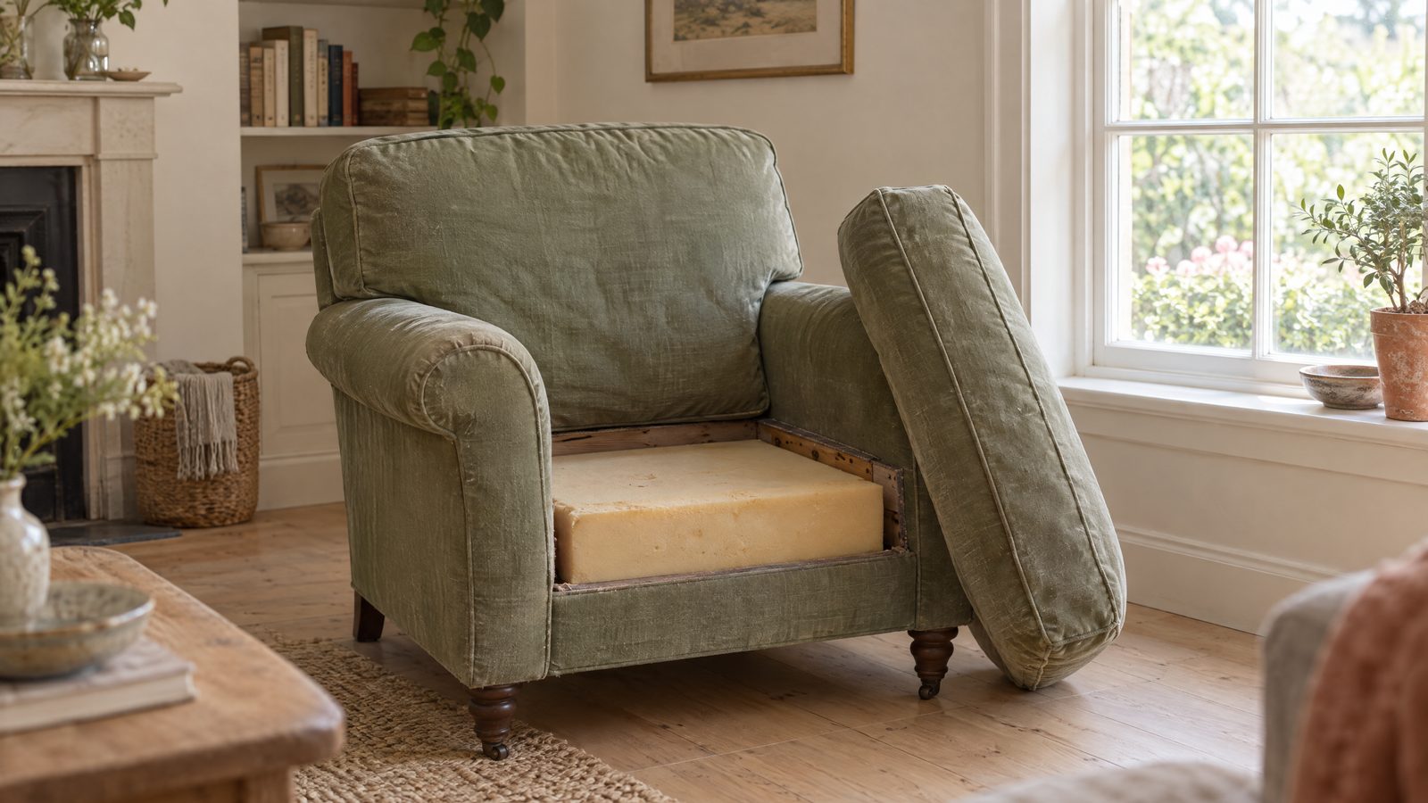 Sage upholstered armchair by a sunlit window with the seat cushion lifted out and propped against the arm, showing the bare foam block in the frame