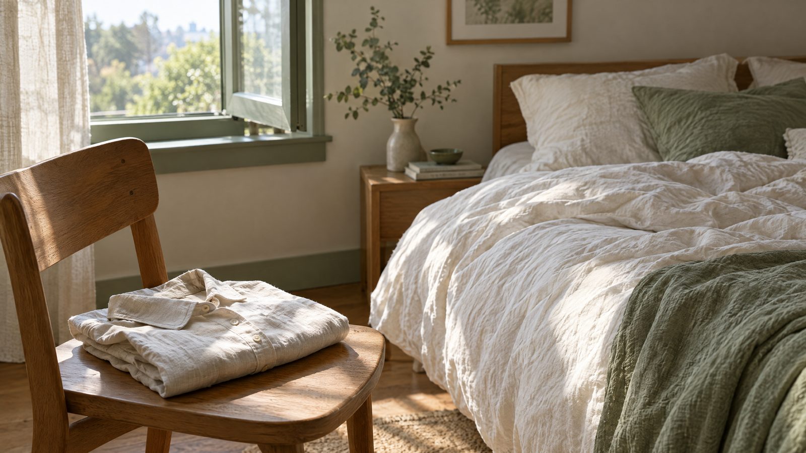 Morning light on a linen-covered bed and an open window with a folded cotton shirt on a wooden chair
