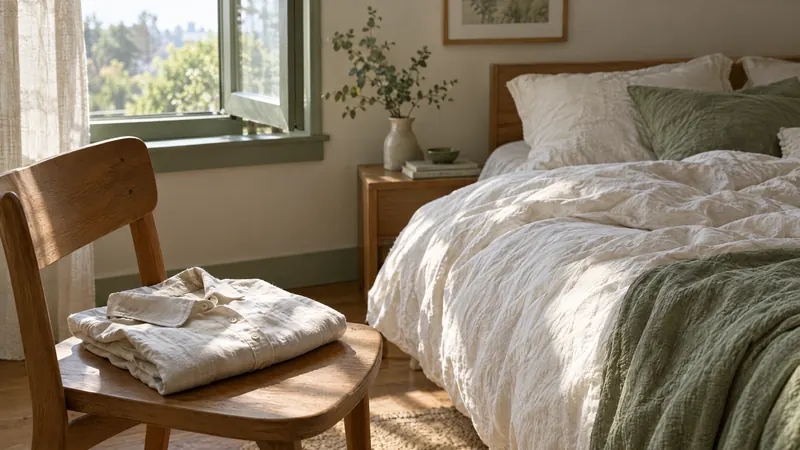 Morning light on a linen-covered bed and an open window with a folded cotton shirt on a wooden chair