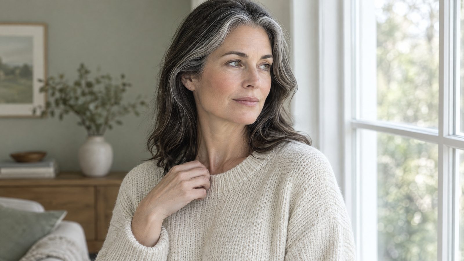 Illustrative photograph of a woman in her fifties in a cream sweater by a window, hand resting near her collar
