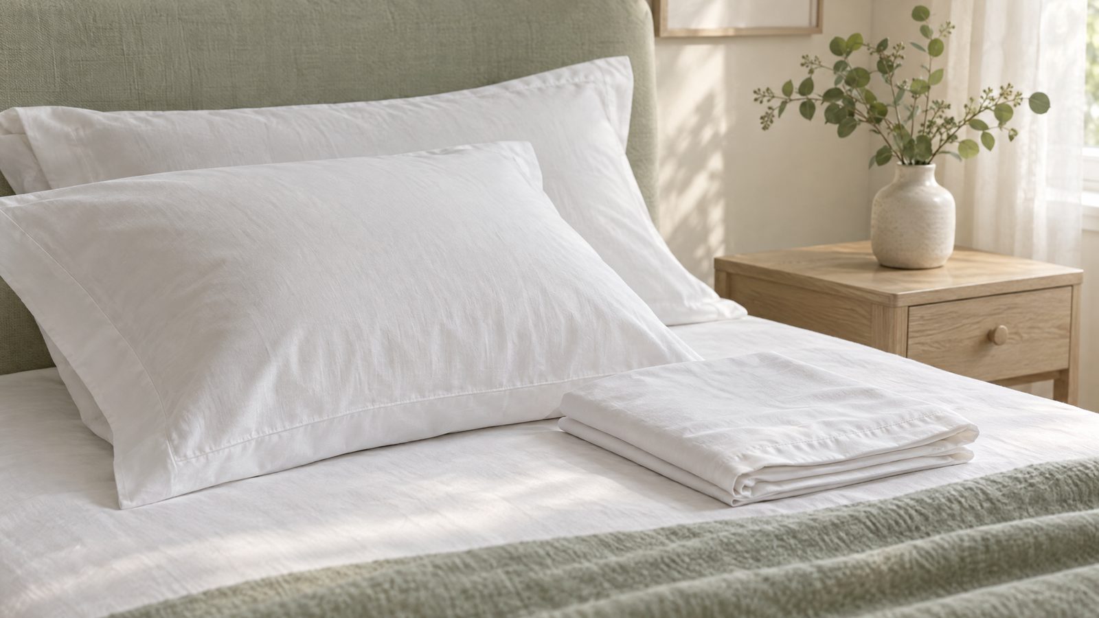 Freshly laundered white cotton pillowcases on a bed in soft morning light beside a pale wooden nightstand