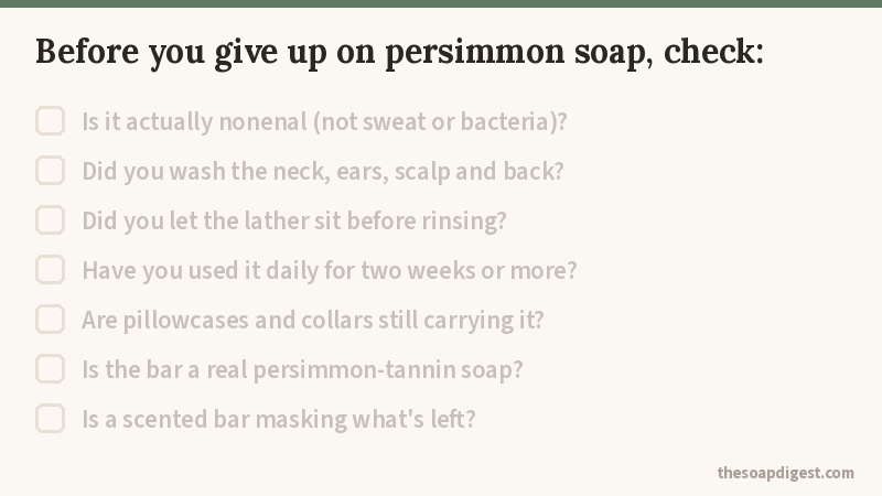 Animated checklist of seven things to check before giving up on persimmon soap