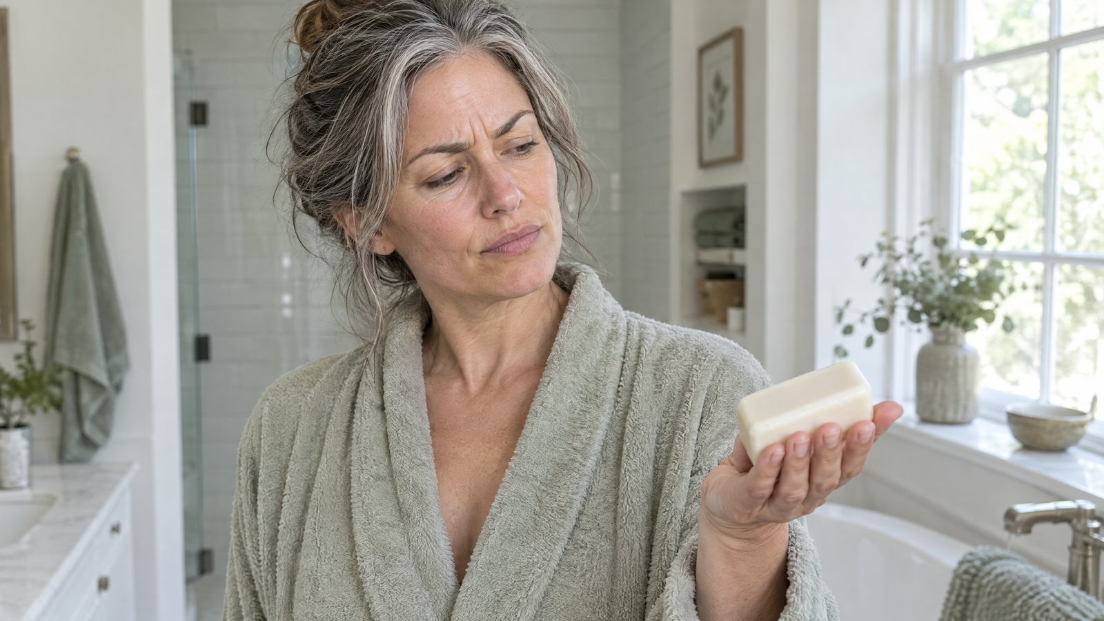 A woman in her fifties in a bright bathroom looking skeptically at a bar of soap in her hand