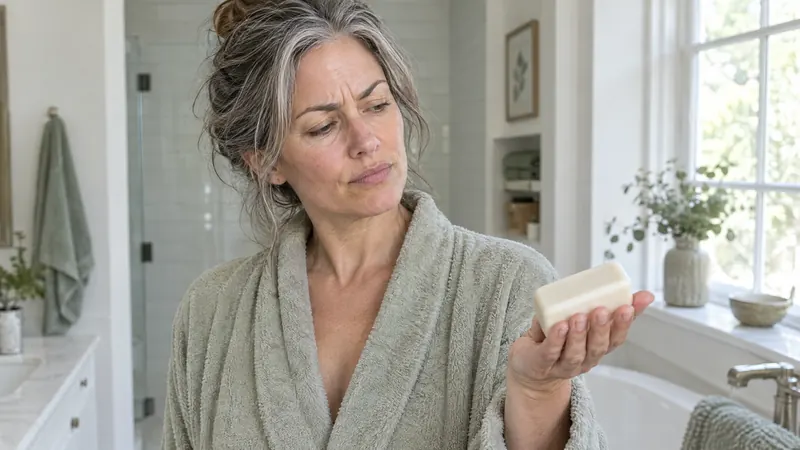 A woman in her fifties in a bright bathroom looking skeptically at a bar of soap in her hand