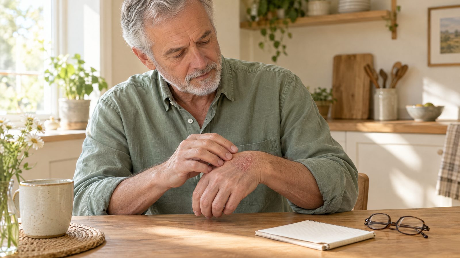 A grey-haired man at a sunny kitchen table looking at a dry red patch on the back of his hand