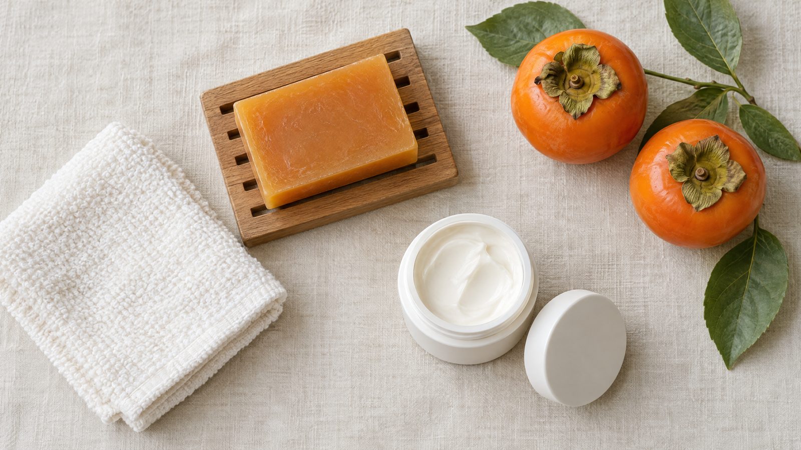 An amber soap bar on a slatted wooden dish beside a soft white washcloth, an open jar of unscented cream and two persimmons