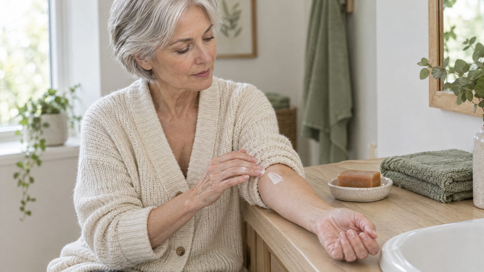 A silver-haired woman in a cream cardigan dabbing lotion on the inside of her forearm next to an unlabeled amber soap bar
