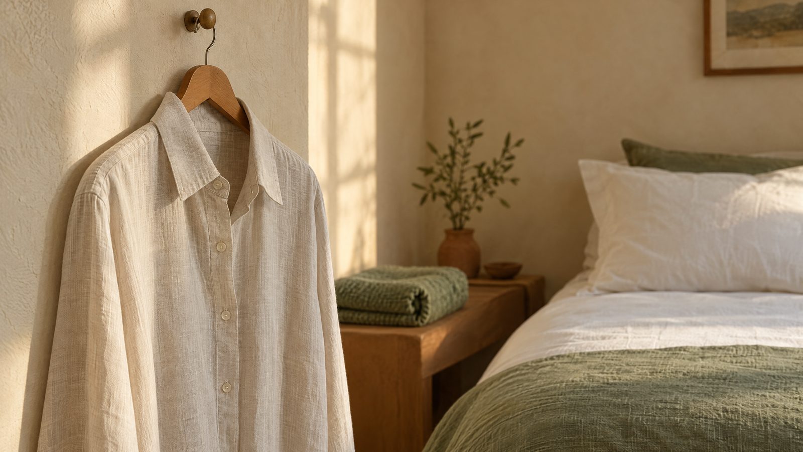 A pale linen shirt on a wooden hanger against a cream wall, with a made bed softly out of focus behind