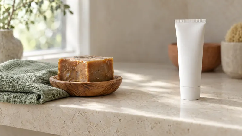 A plain handmade soap bar on a wooden dish beside an unlabelled white cosmetic tube on a cream stone bathroom shelf in morning light